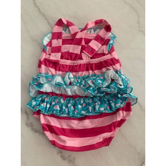 Baby Girls Pink Striped Ruffle Swimsuit With Ice Cream Truck Applique & Snap Clo - Picture 2 of 2